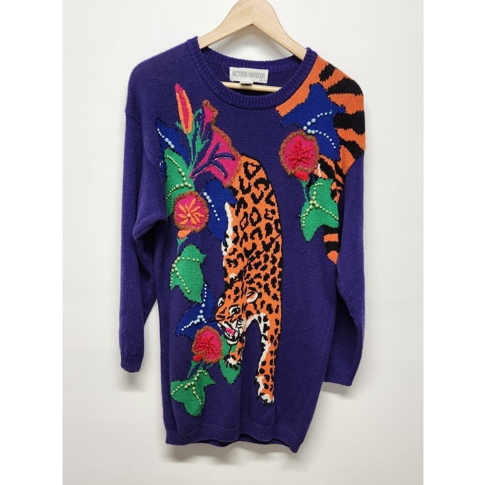 Vtg Victoria Harbour Bedazzled Embroidered Tiger Jungle Sweater Tunic/Dress, Sm
